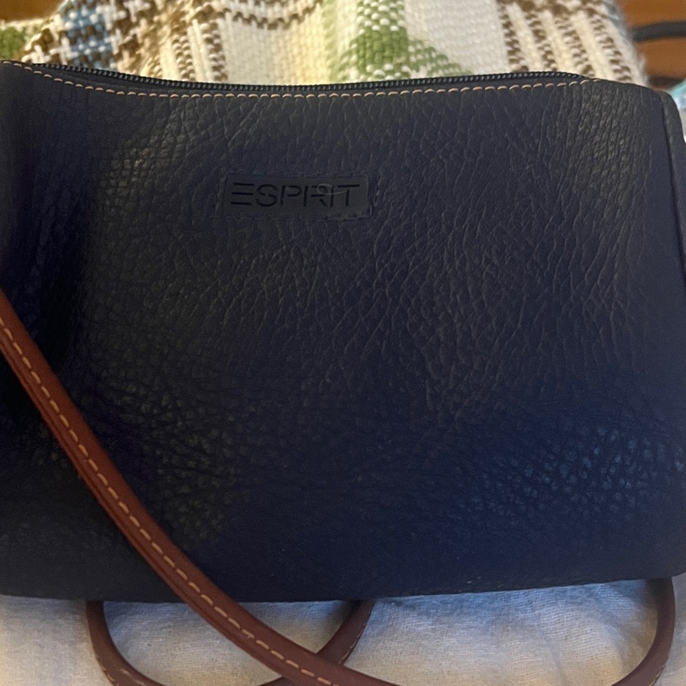 Esprit Navy Black Crossbody Bag with Brown Strap Purse Pebble Finish